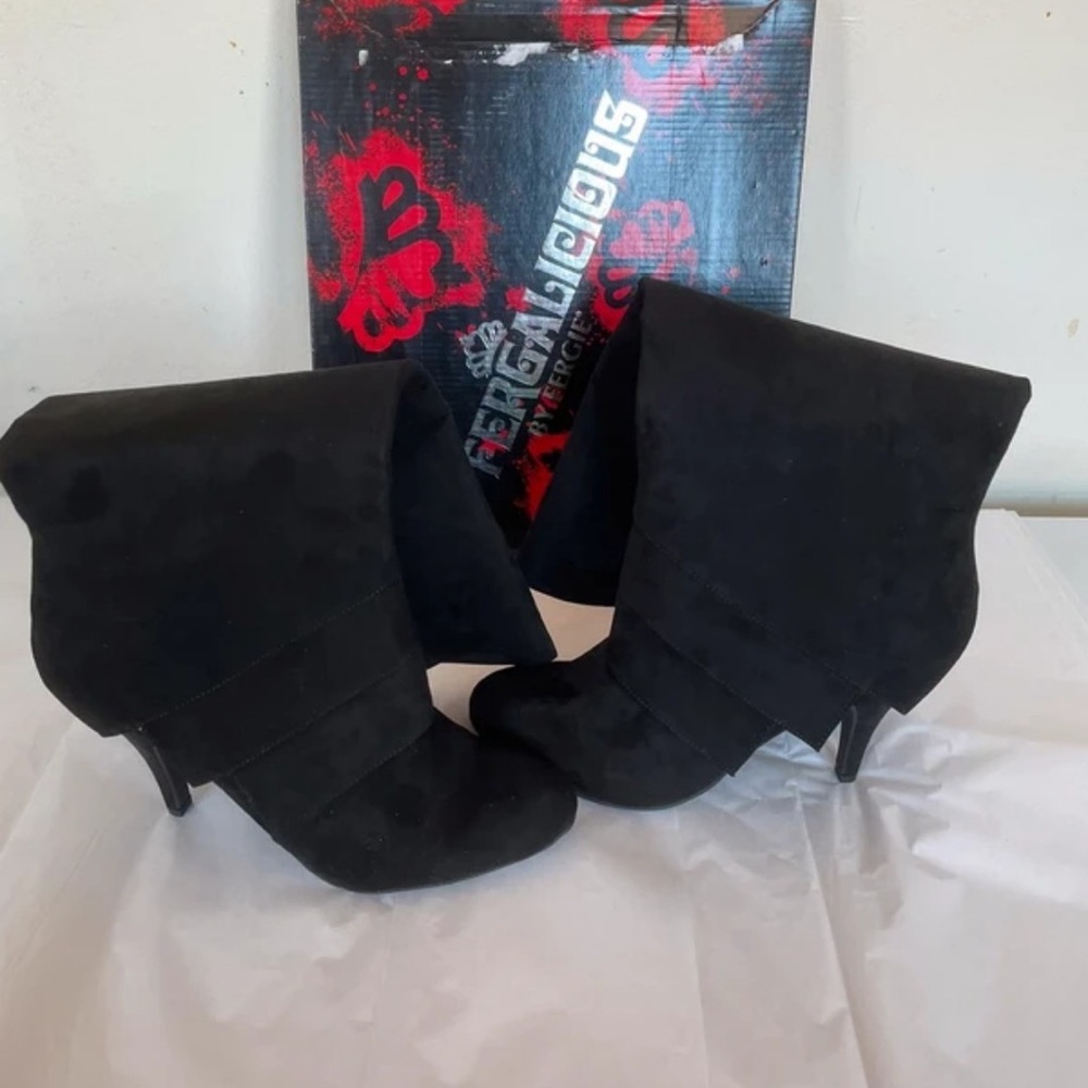 Fergie Sleek Black Fold-Over Heeled Boots